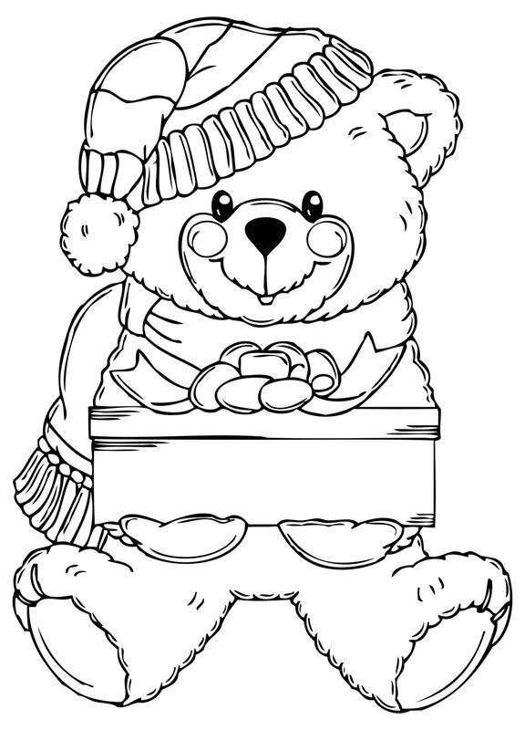 Weihnachtsbär mit Geschenk coloring page for children