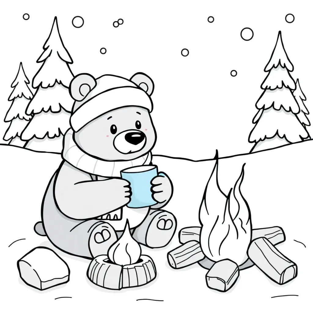 Winter Beer Kampvuur Gezellig Sneeuw coloring page for children