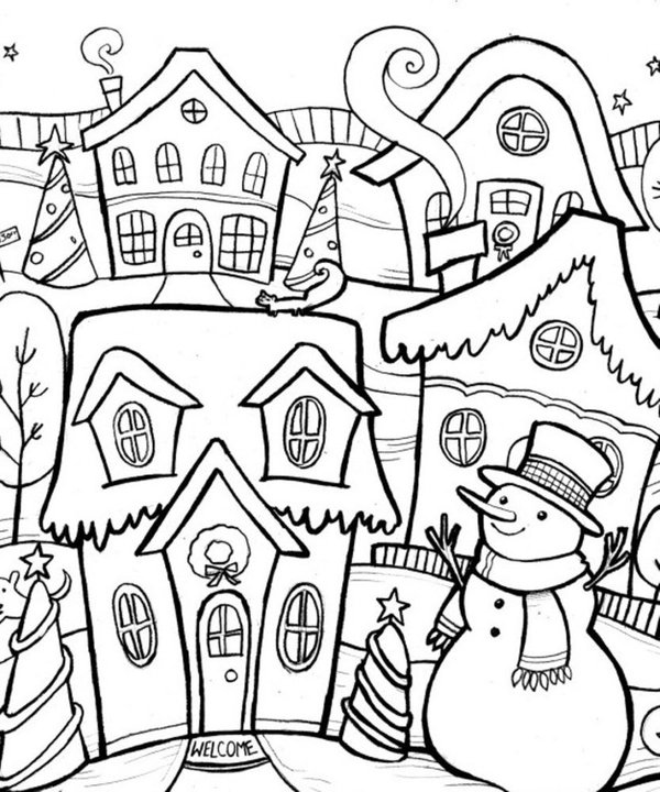 Winter Huisjes Sneeuwpop coloring page for children