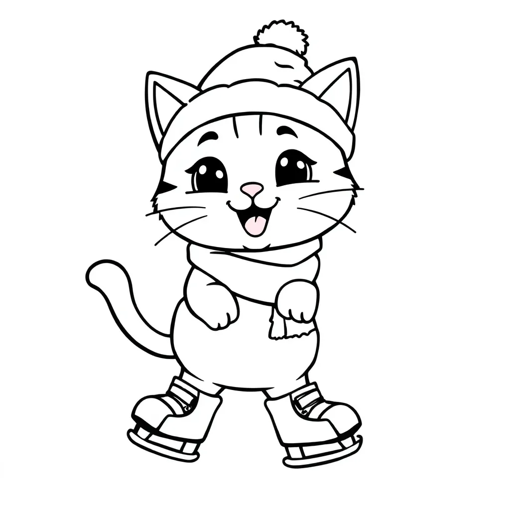Winter Kat Ijsschaatsen Seizoenen Feestdagen coloring page for children