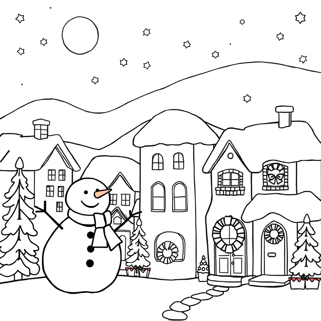 Winter Sneeuwdorp Kerst Gezellig Landschap coloring page for children