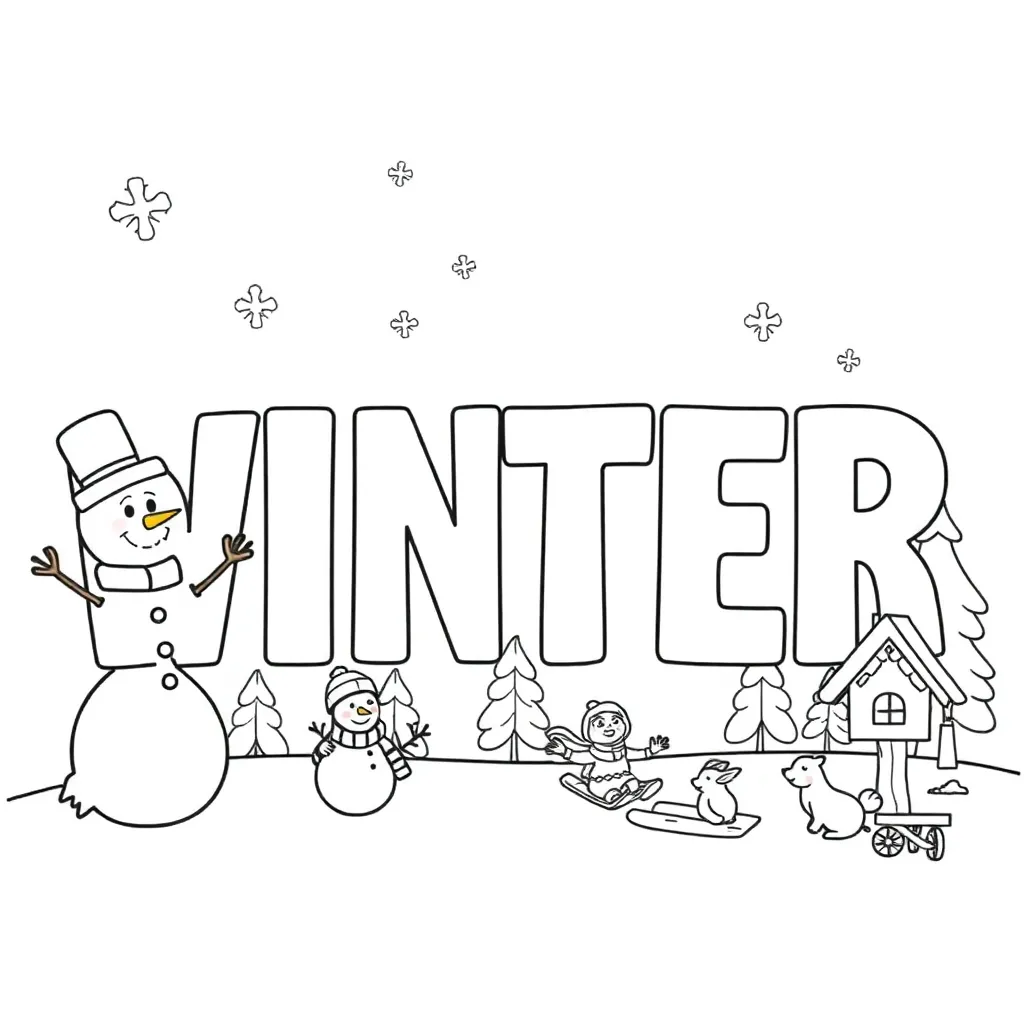 Coloring Page Winter Snowman Sleigh Rabbits Birdhouse