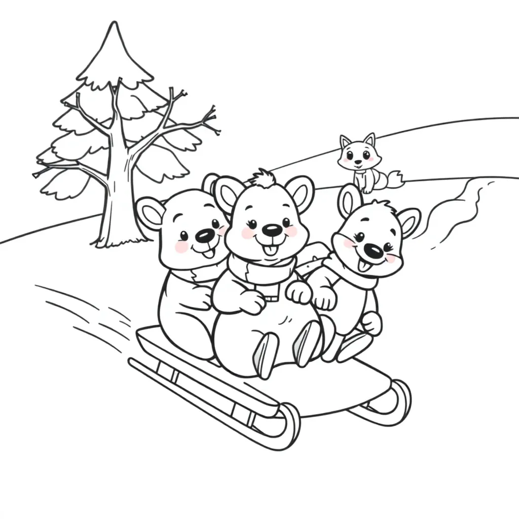 Winterefteling Winterscene Dieren Sleeen Seizoensactiviteit coloring page for children