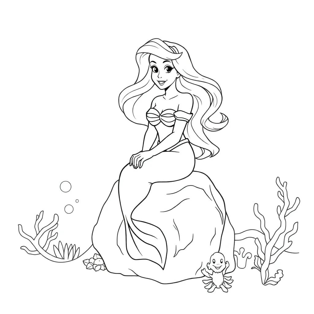Zeemeermin Ariel Disney Prinses Roodharige Schoonheid Onderwaterwereld coloring page for children