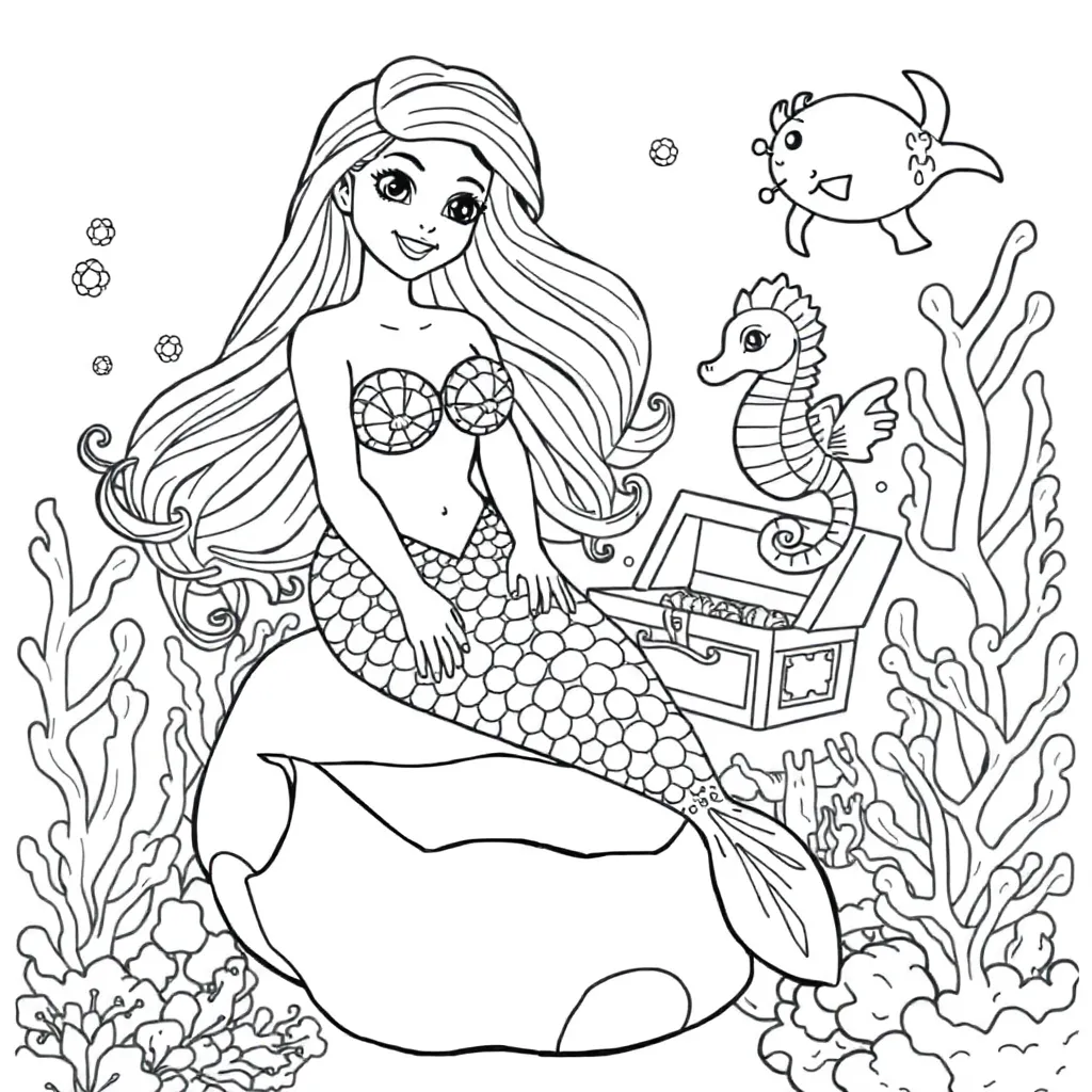 Sirène, imagination, mythique, sous-marin, coloriage magique pour enfants