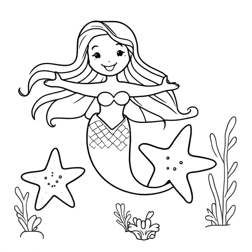 Zeemeermin In De Zee Met Zeesterren coloring page for children