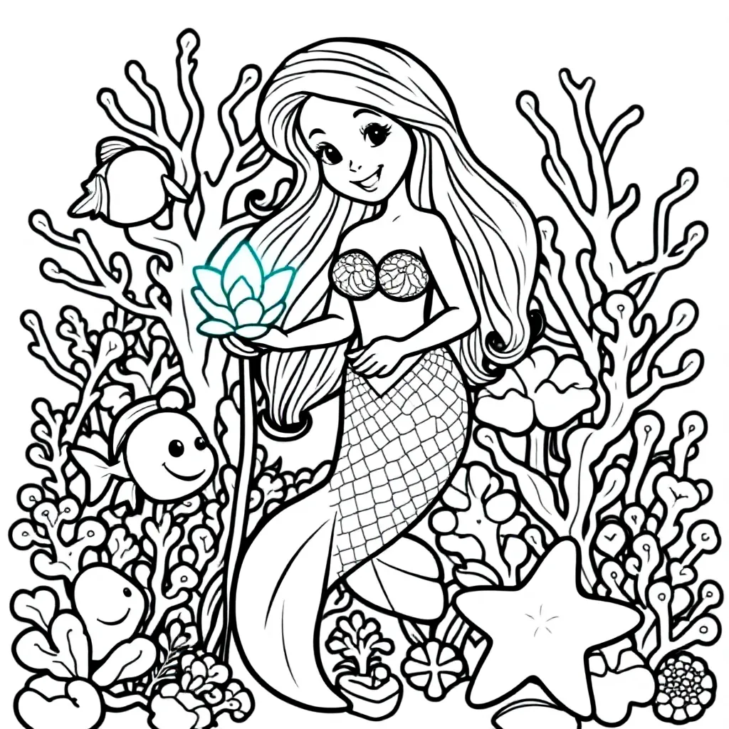 Zeemeermin Tuinier Plant Gloeiende Zeewierbloemen In Kora... coloring page for children