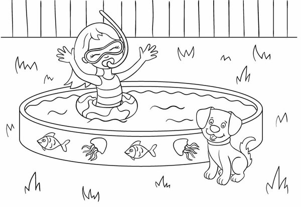 Zomer Meisje Zwembad Hond coloring page for children