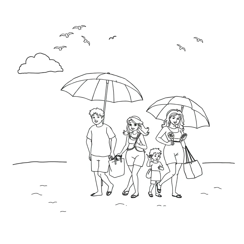 Zomer Strand Familie Kinderen Vakantie coloring page for children
