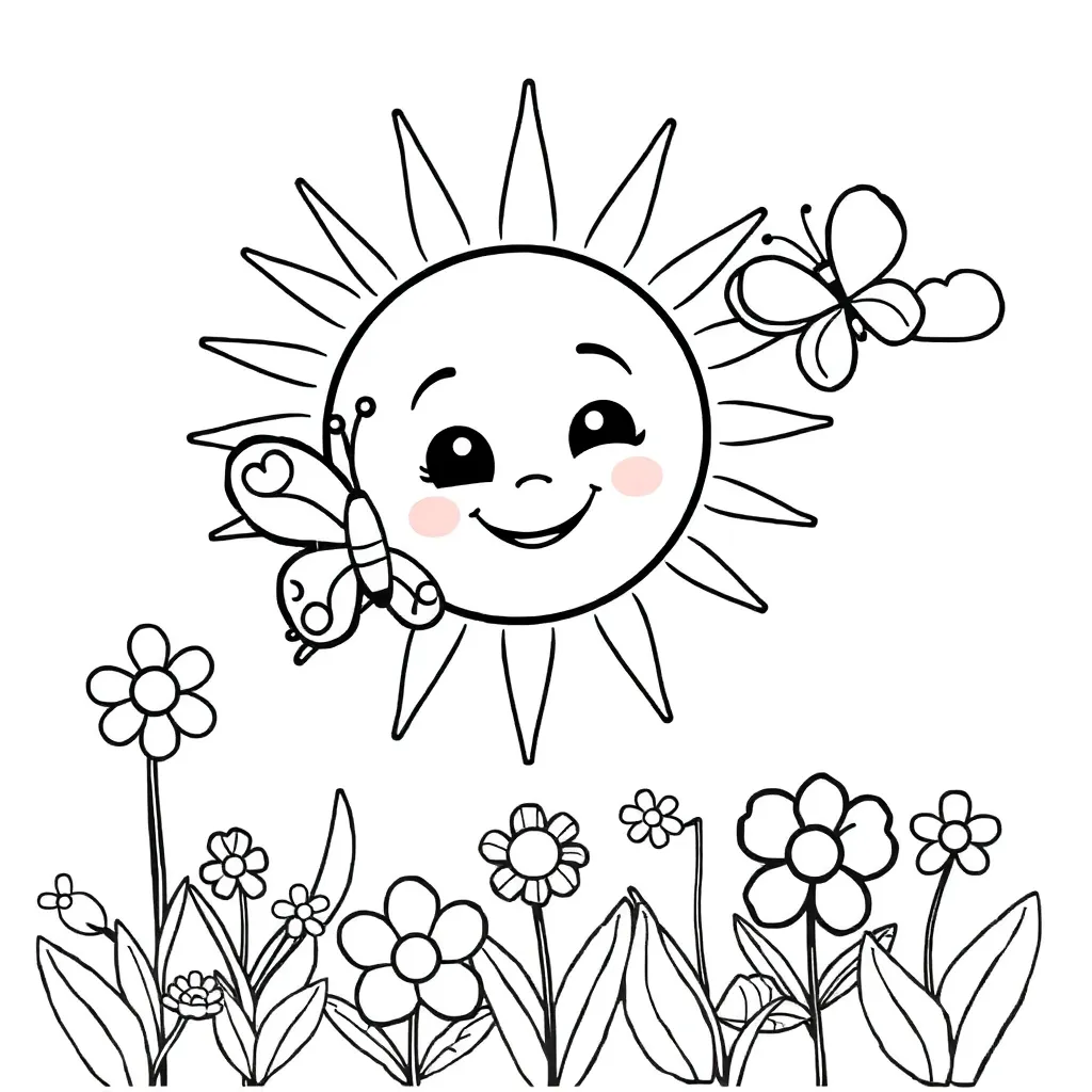 Zonnige Bloemen Vlinder Lente Natuur coloring page for children