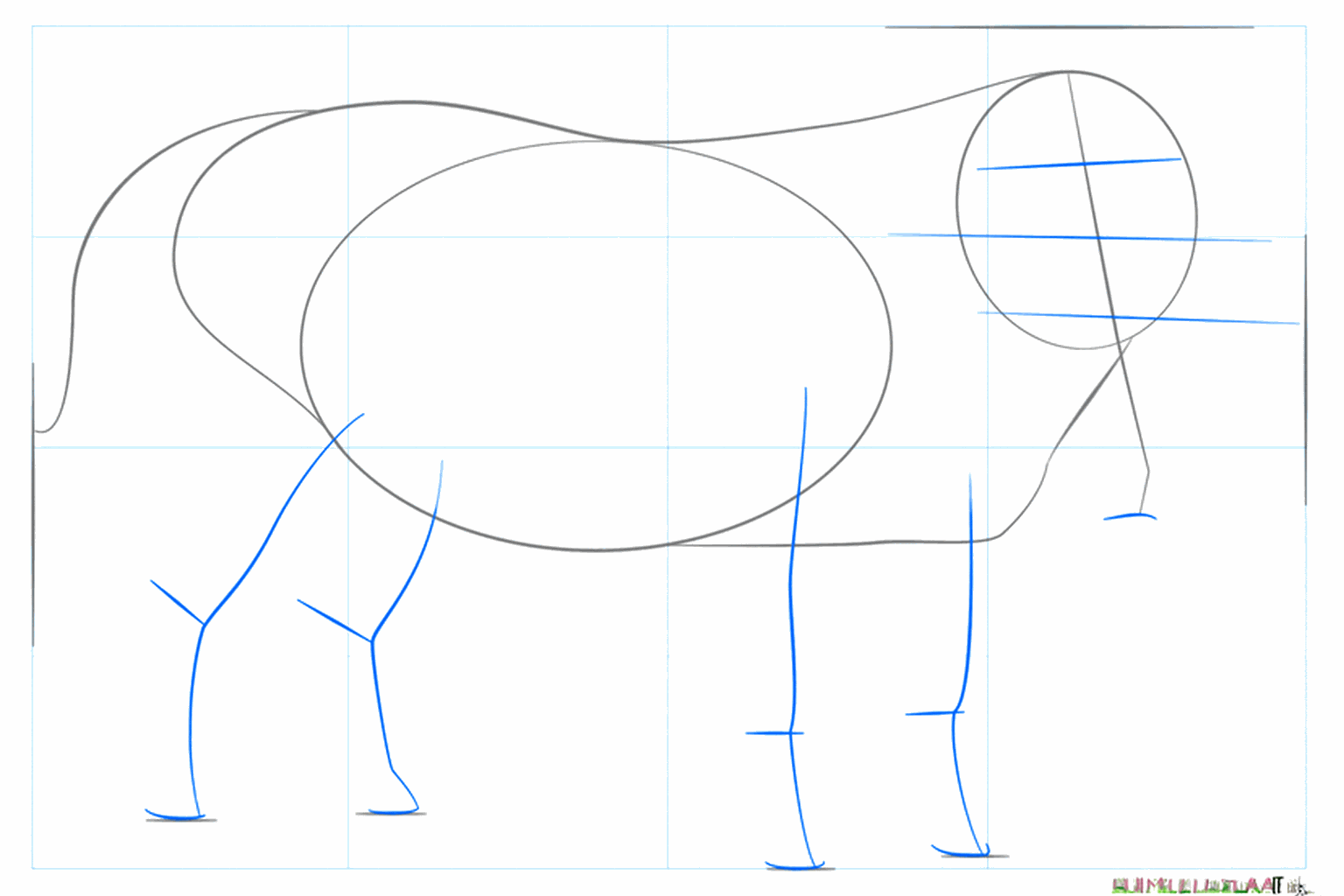 Kleine streepjes en cirkeltjes geven de positie van de poten en het gezicht aan.