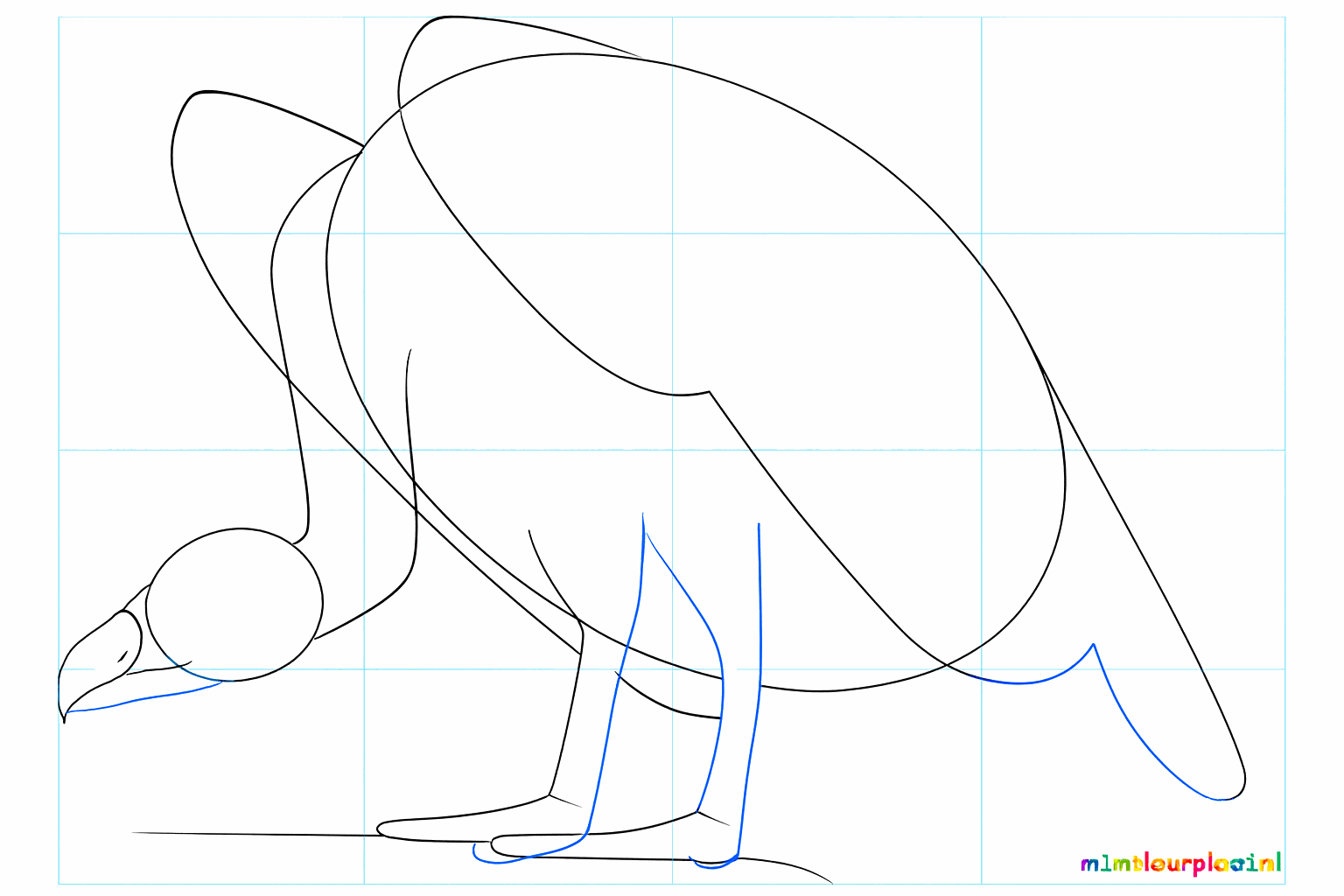 Shapes of the hooked beak, broad wings, and legs become visible.