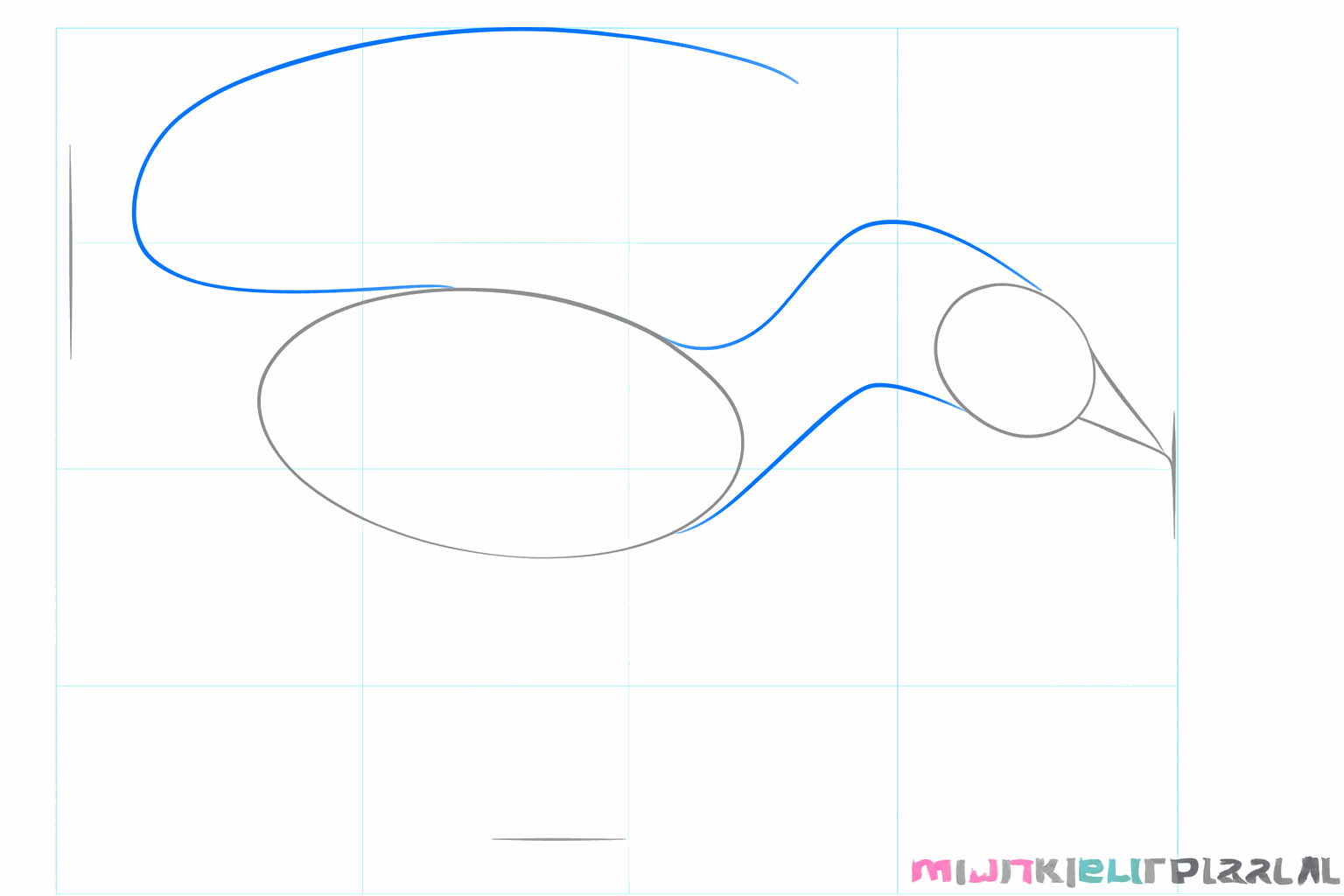 Verbind de vormen met een nek en teken een lange lijn voor de staart.
