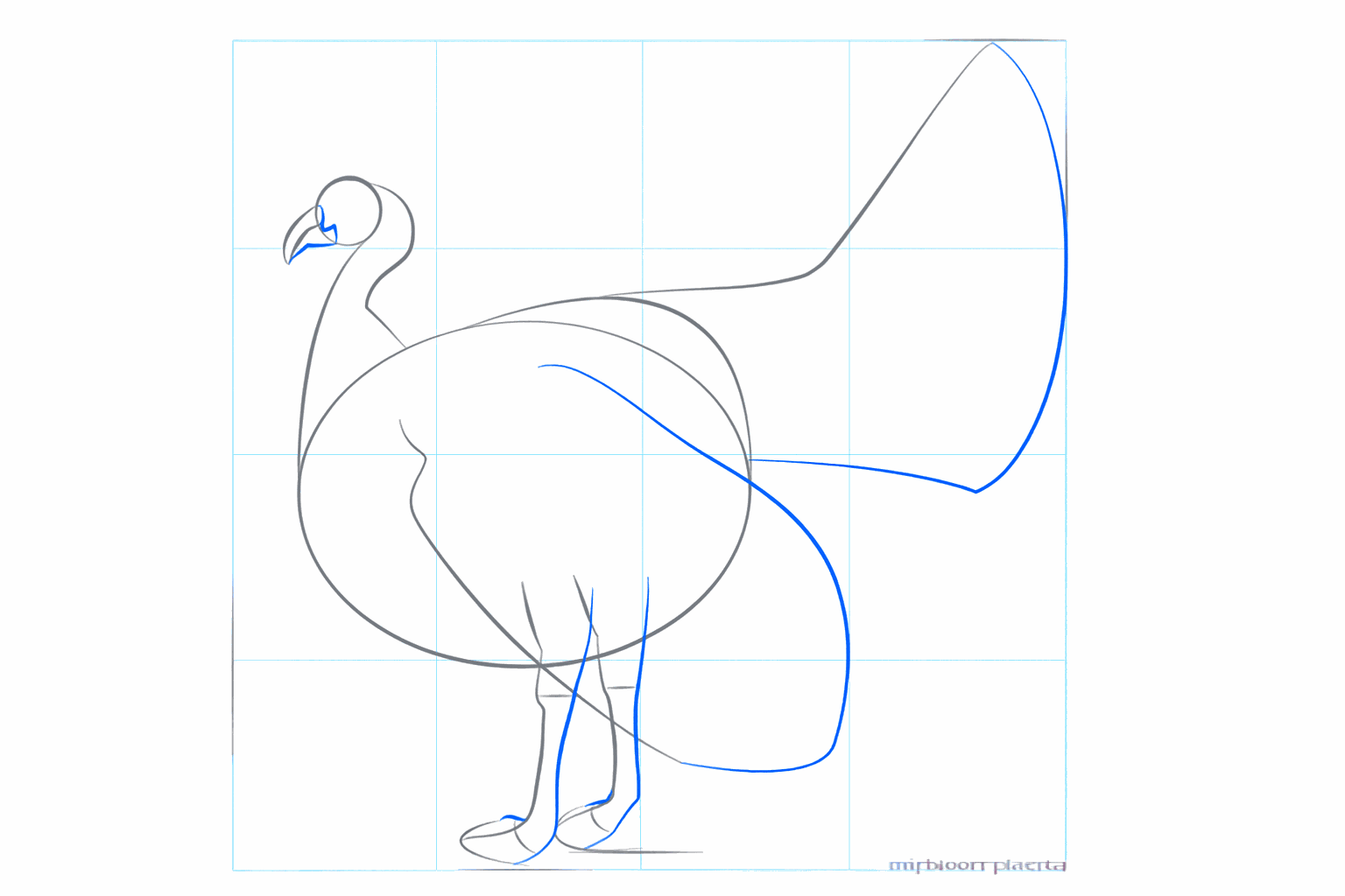Lines for the legs and a small triangular beak on the head.