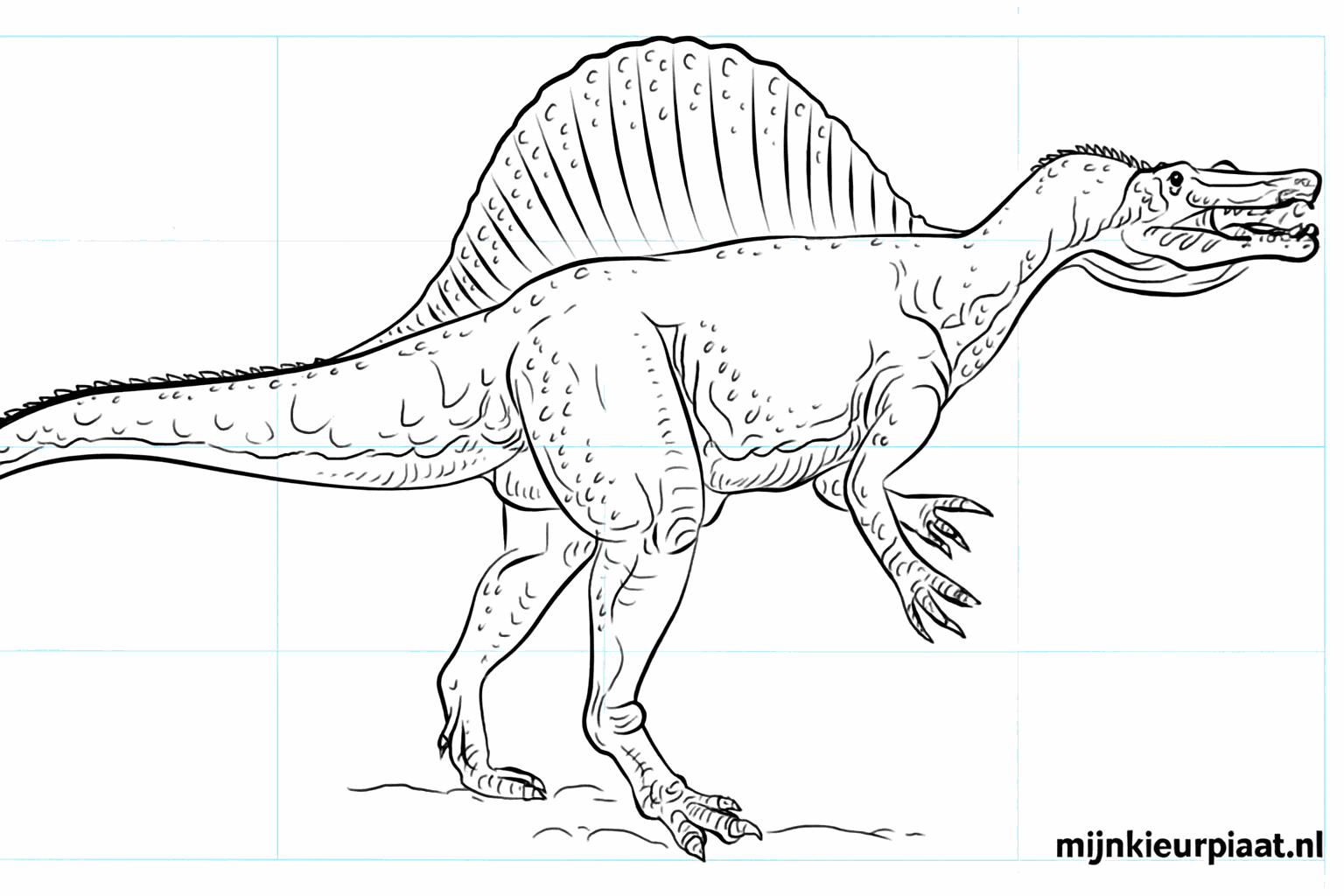 De voltooide Spinosaurus tekening met strakke lijnen op een zanderige ondergrond.