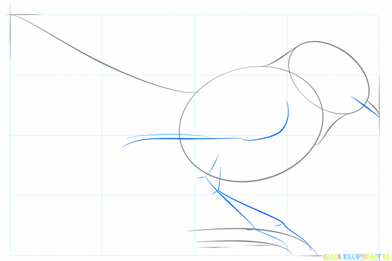 Lines for the tail, wings, and legs of the blue bird.