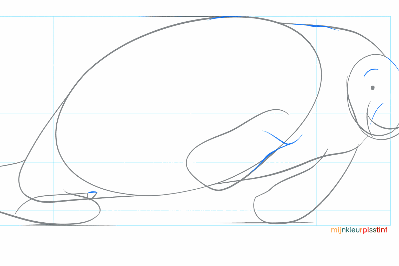 Tekenles zeekoe stap 6: Het gezicht tekenen met een oogje en neusgat.