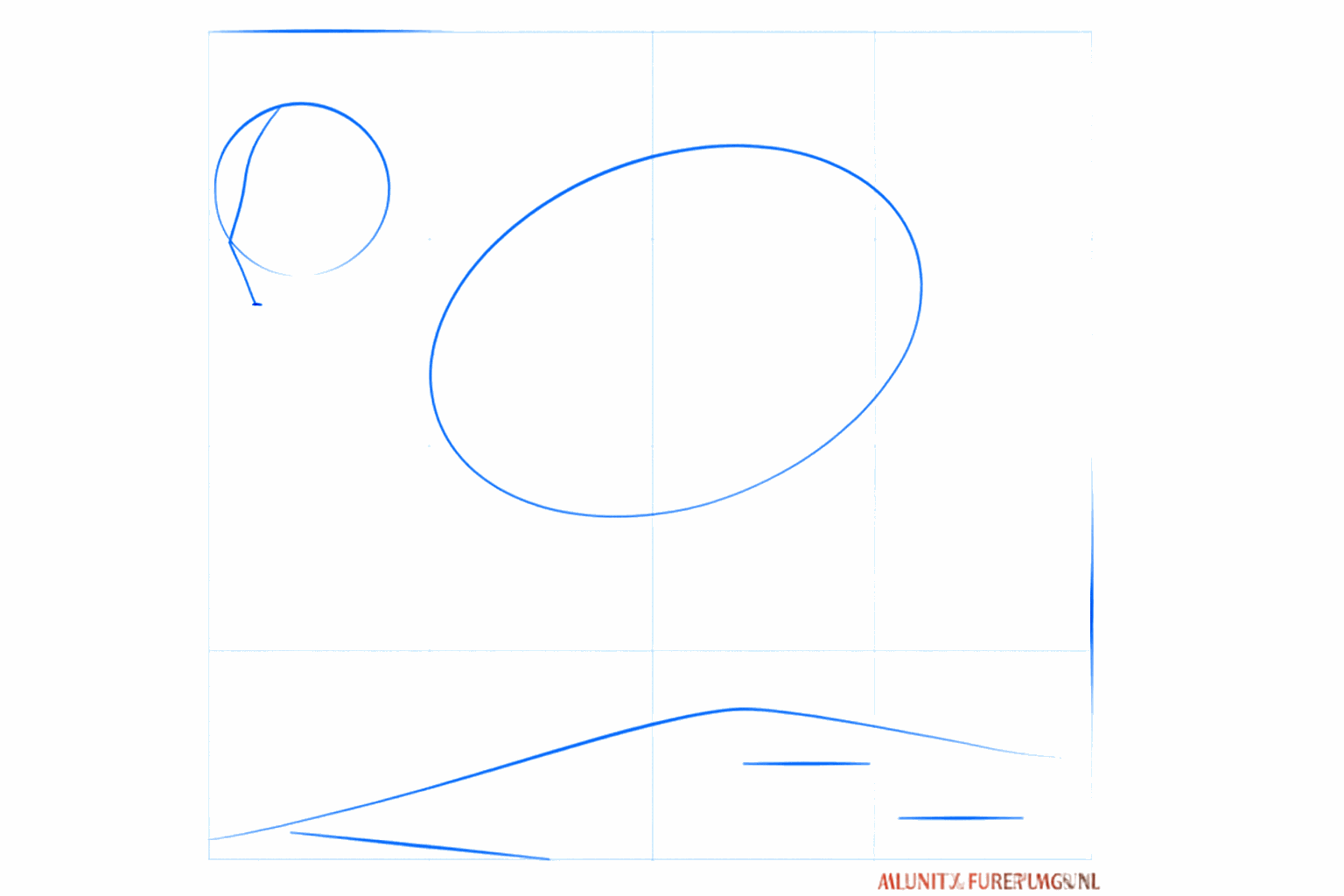 Basisvormen van een lynx: twee cirkels voor het hoofd en lijf en een schuine lijn voor de tak.
