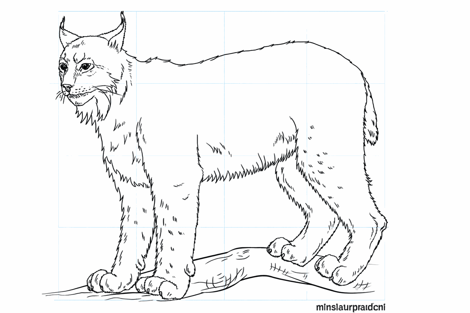 De voltooide tekening van een lynx op een tak, netjes uitgegumd en omlijnd.