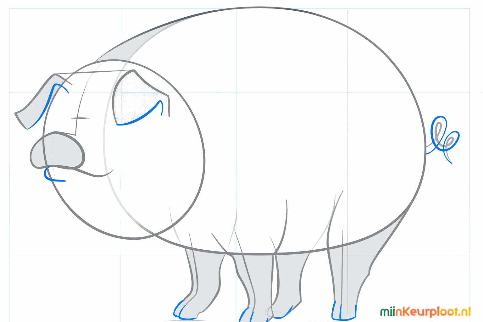 Tekening van de hoeven, de lippen en een vrolijke krulstaart.