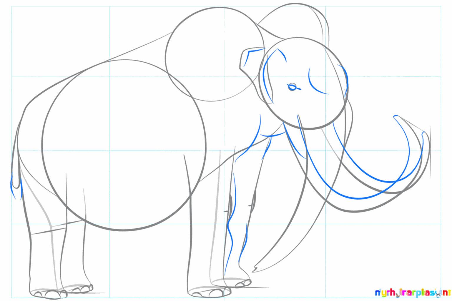 Dikke slagtanden en details zoals teennagels en een pluizige staart.