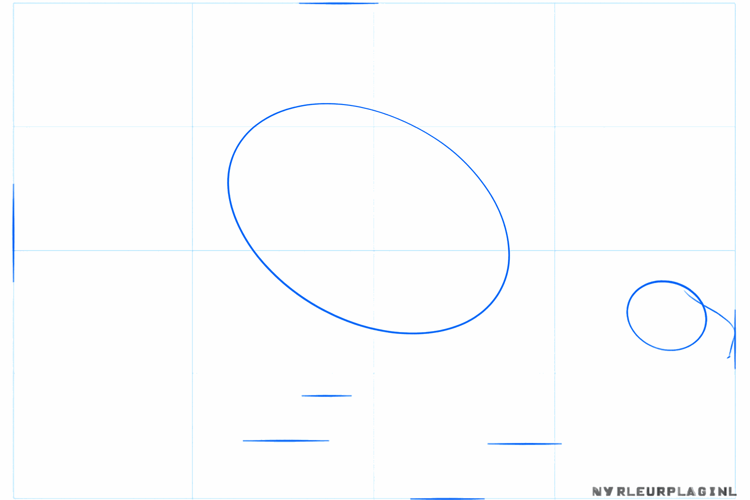 Tekening van een grote ovaal voor het lichaam en een klein cirkeltje voor de kop van een dino.