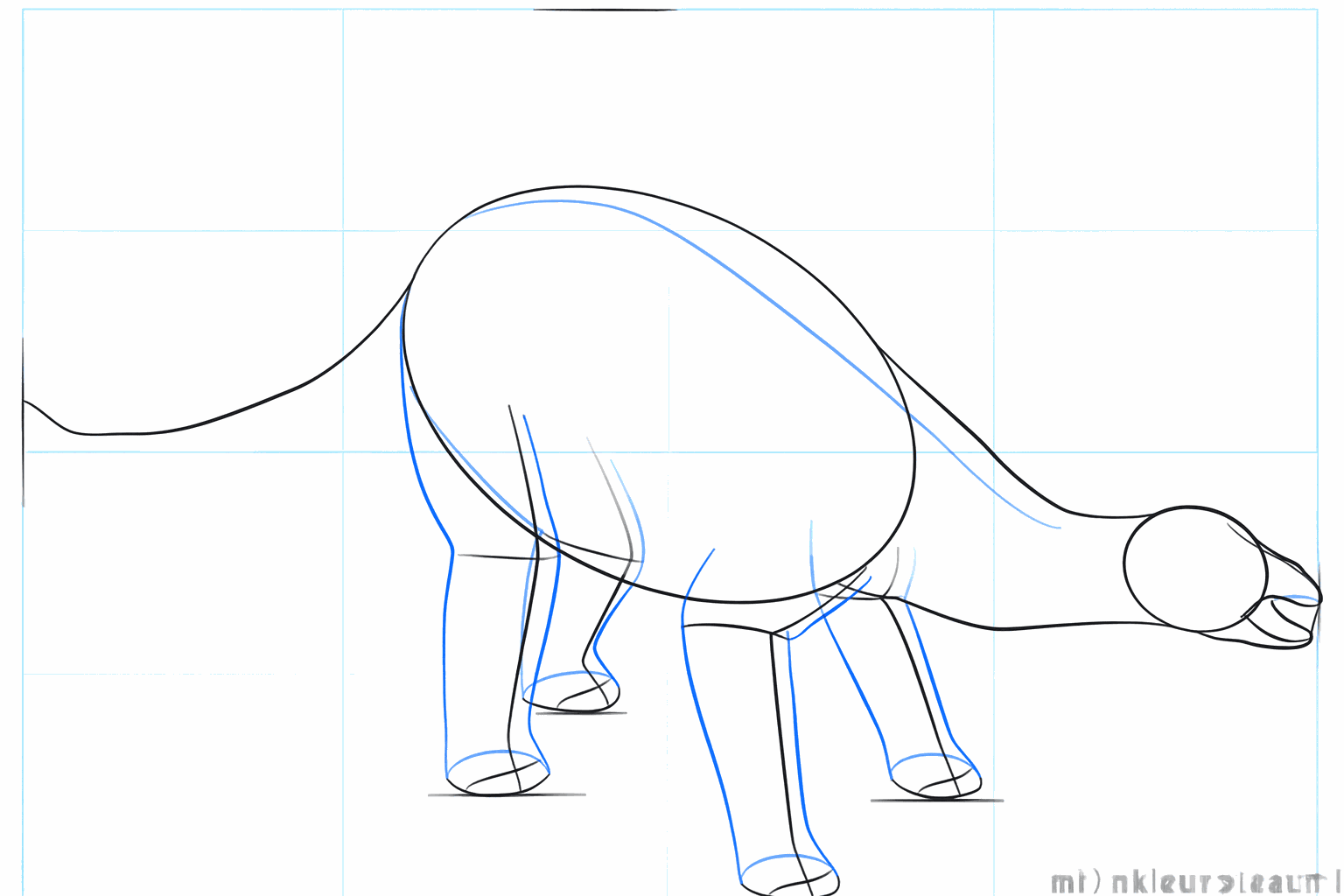 De poten van de dino krijgen vorm met dikke ovalen en de snuit wordt duidelijker.
