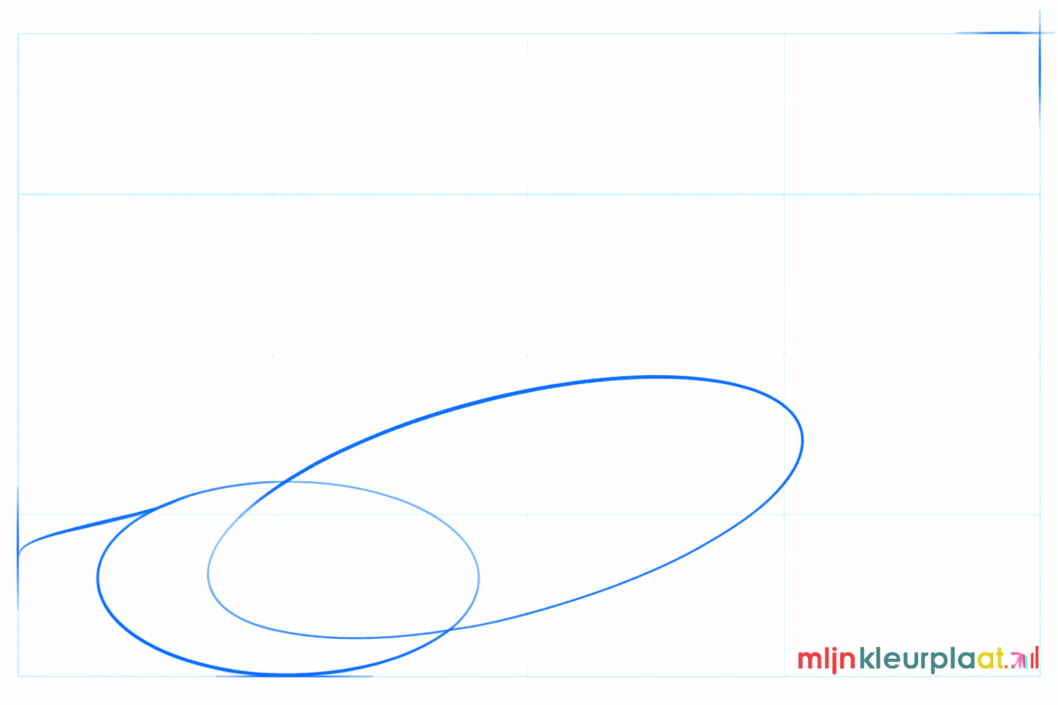 Tekenles blauwe vinvis stap 1: Twee grote ovalen als basis voor de kop en het lichaam.