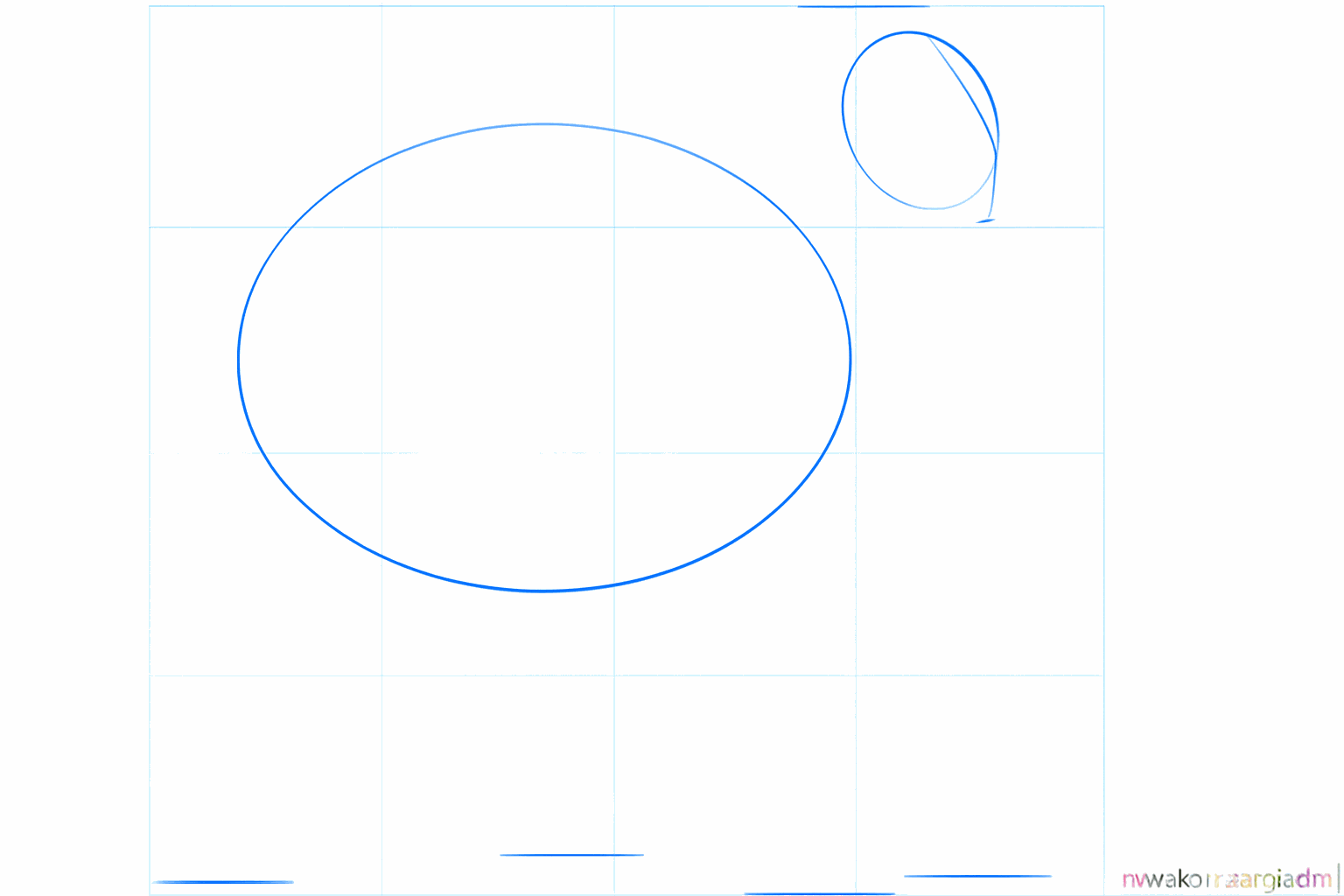 Tekening van twee ovalen die het lichaam en de kop van een schaap vormen.