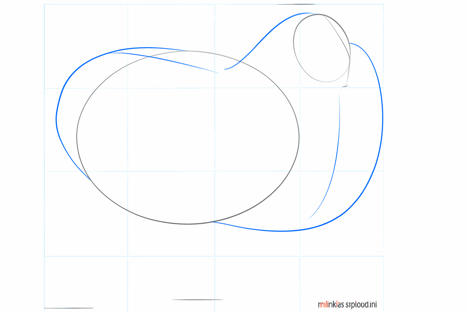 Hulplijnen die de kop en het lichaam van het schaap met elkaar verbinden.