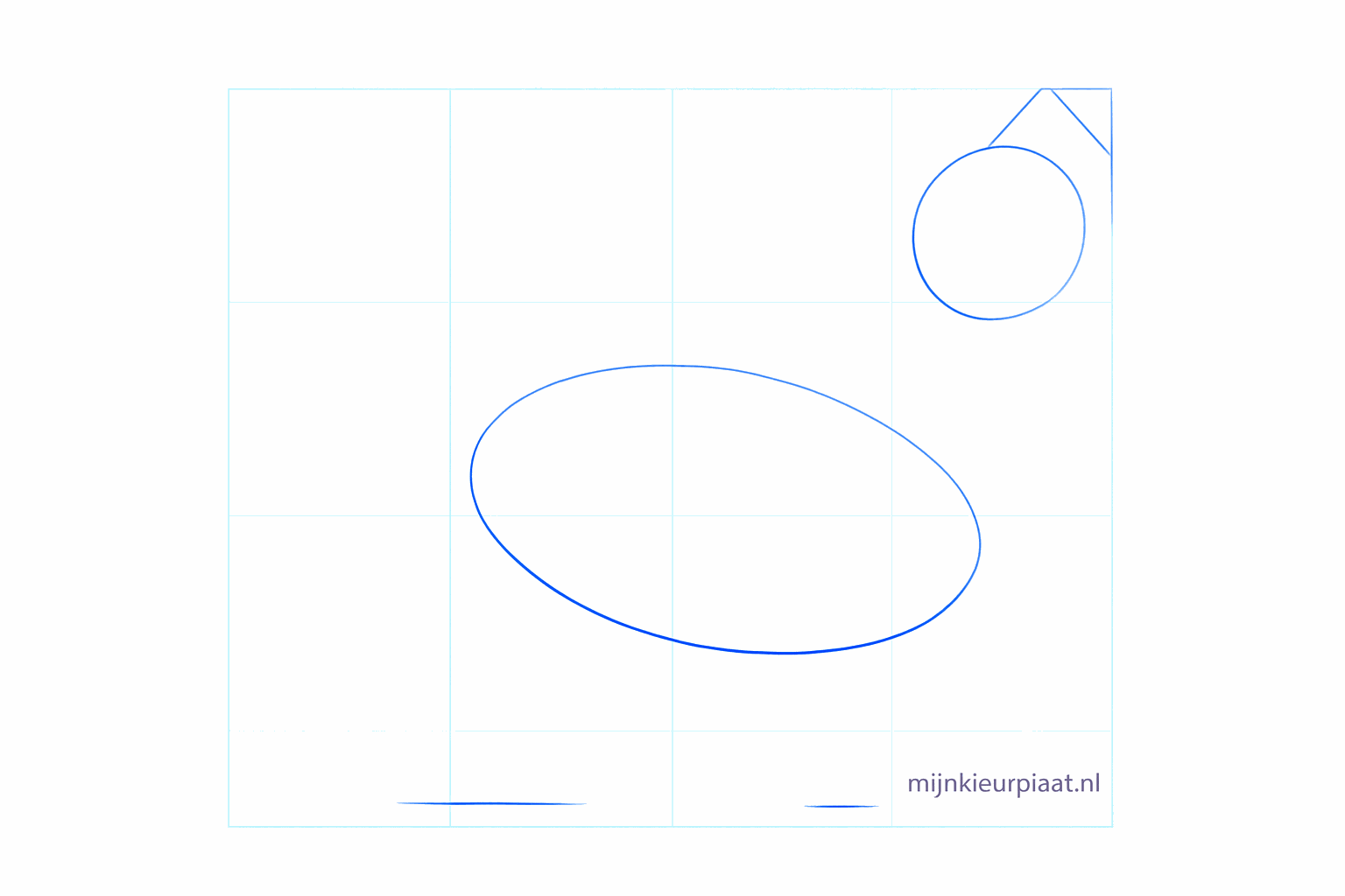 Basisvormen van een wolf: een grote ovaal voor het lijf en een kleine cirkel voor de kop.