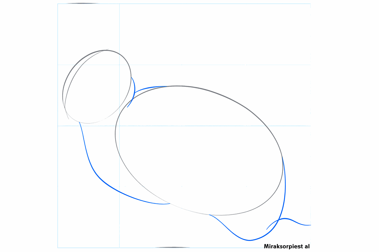 Hulplijnen die de kop met het lijf verbinden en een lijn voor de staart.
