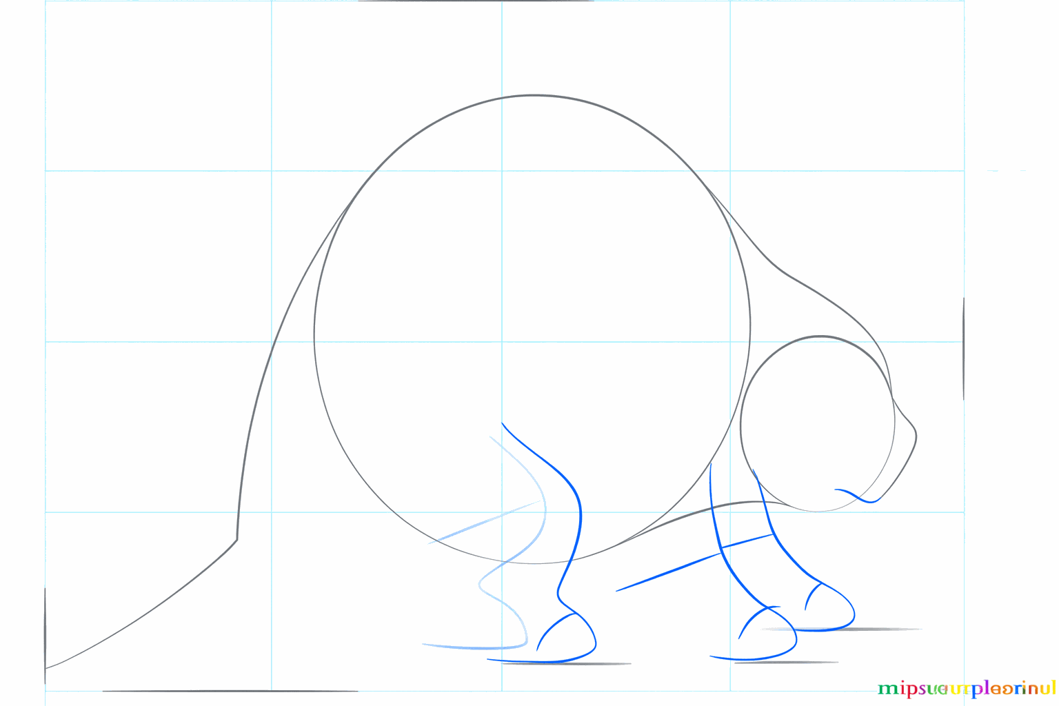 Kleine streepjes onder het lichaam voor de positie van de poten.