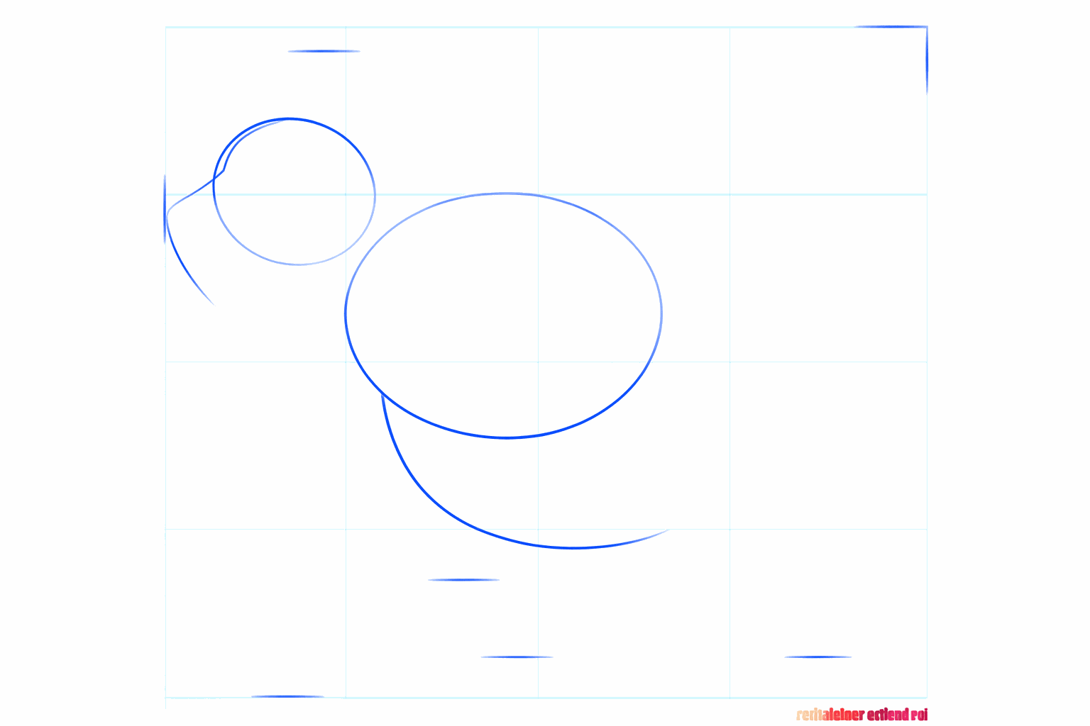 Twee ovalen op een wit vlak die de basis vormen voor de kop en het lijf van de hond.