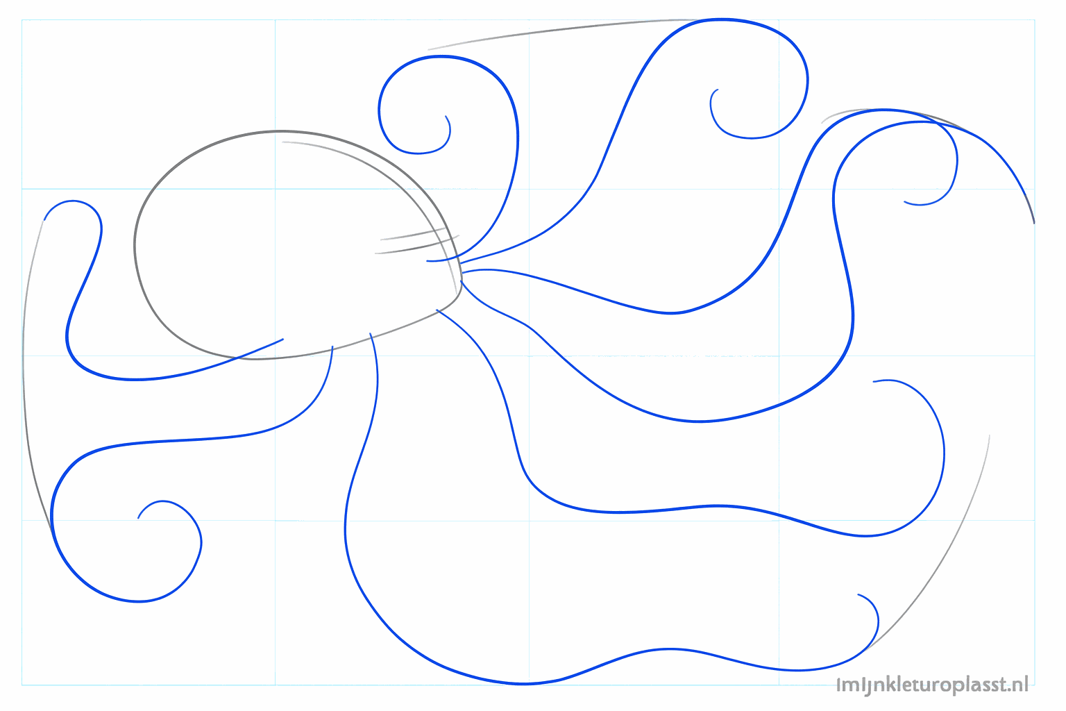 Lange kronkelende lijnen die vanuit de kop naar buiten waaieren.