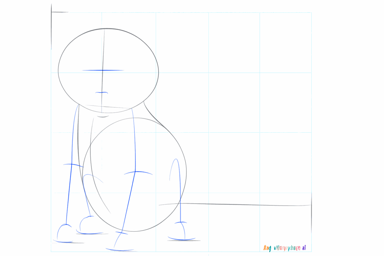 Hulplijnen in het gezicht en streepjes voor de positie van de pootjes.