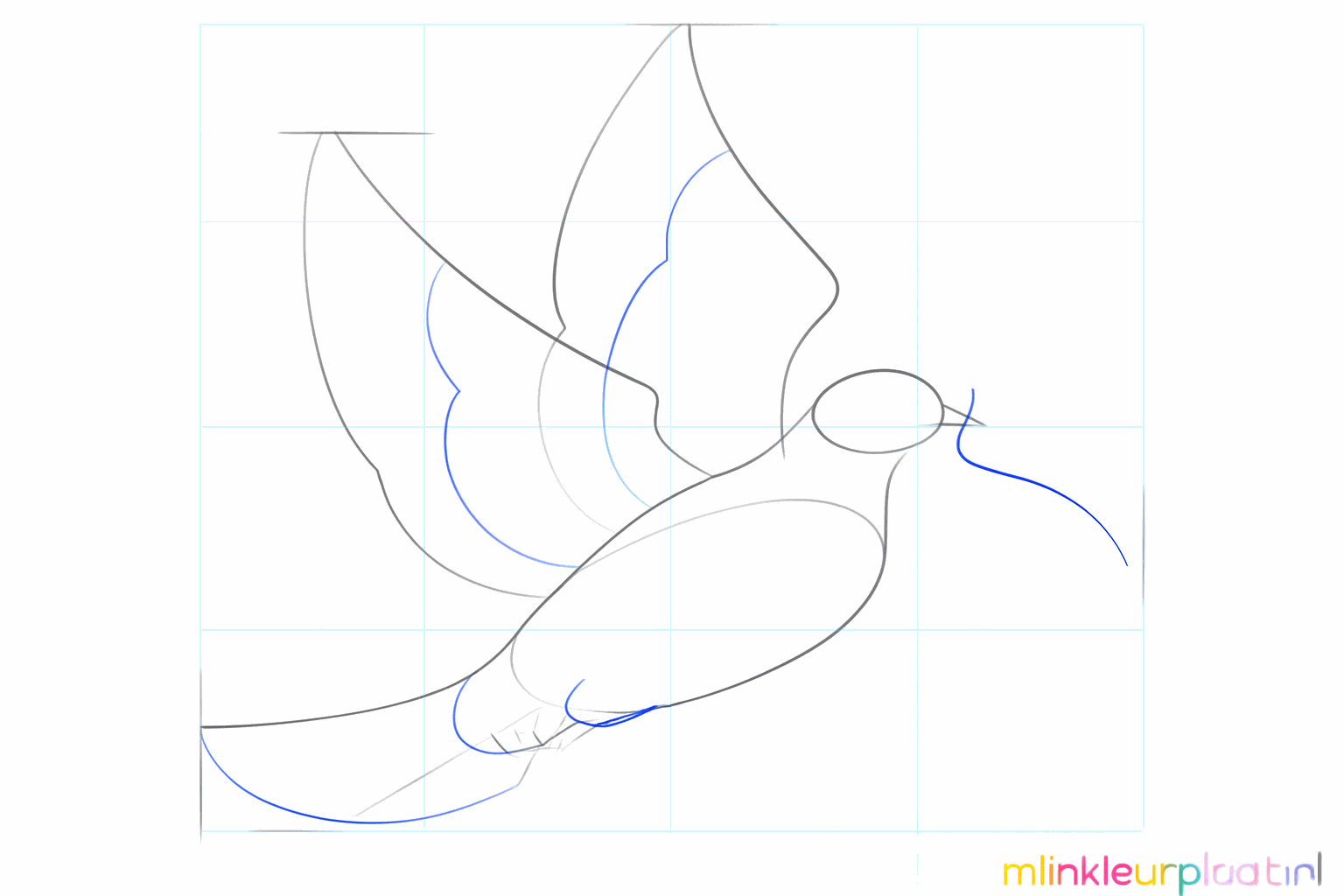The outline of the wing and short lines for the legs.