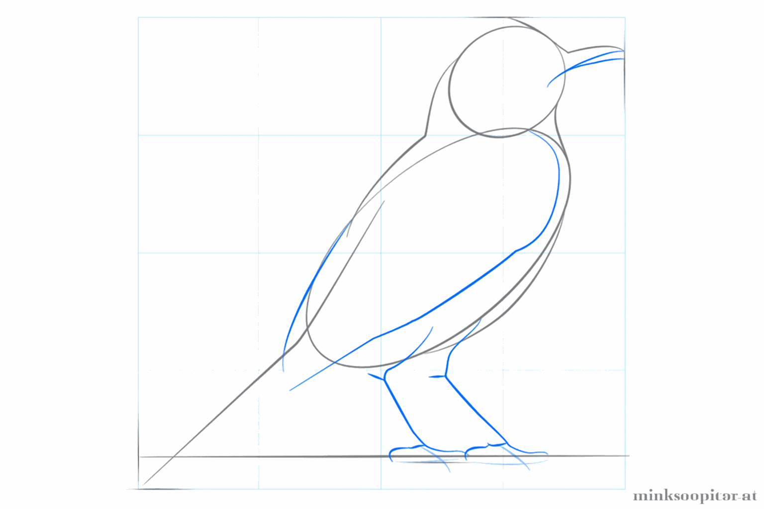 A bird shape with a small beak and two thin legs at the bottom.