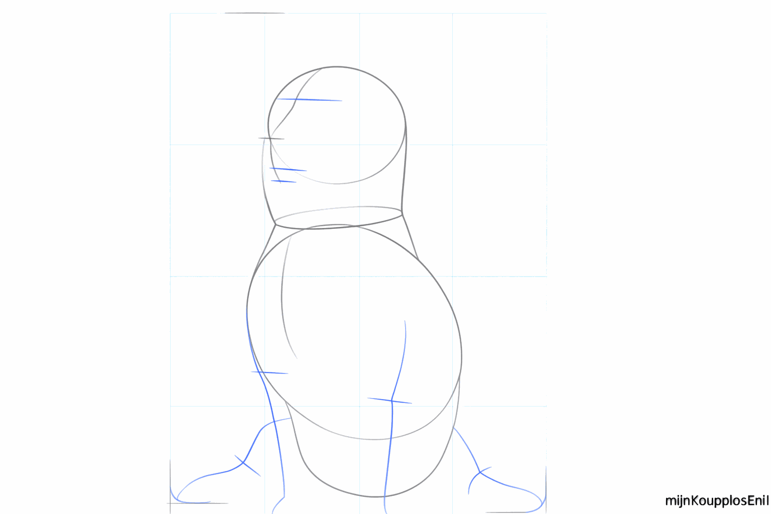 Kleine streepjes onder het lichaam en in de kop voor de juiste verhoudingen.