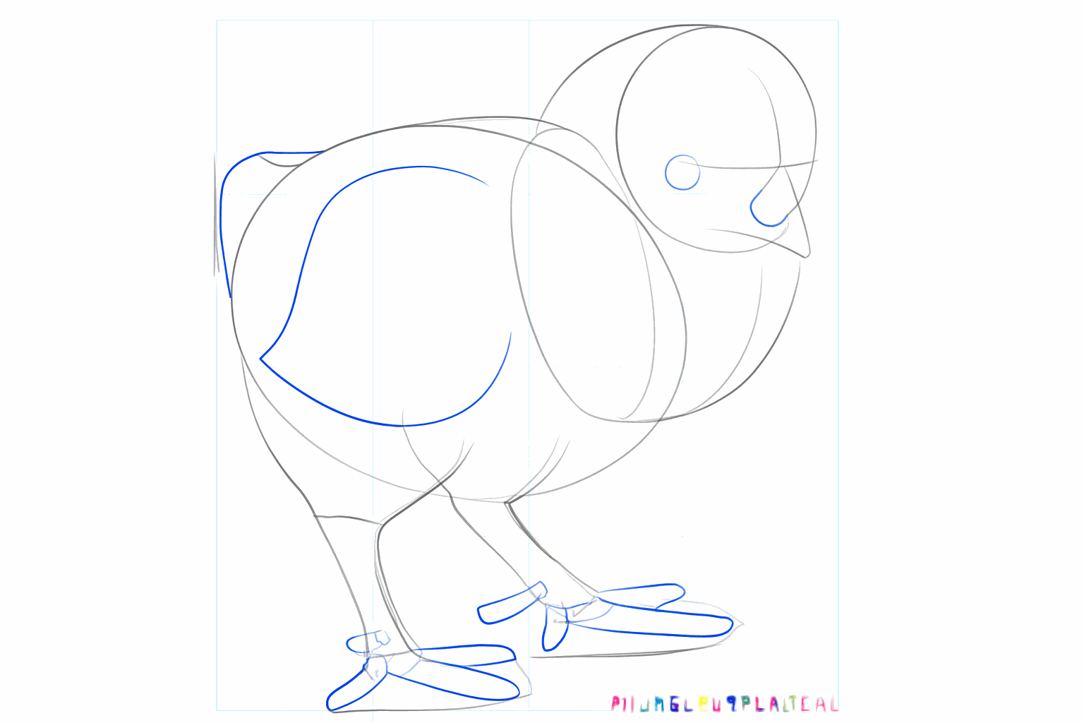 An eye, a wing, and small toes on the legs.