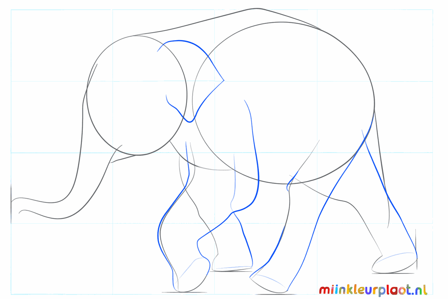 Een groot oor en ronde voetjes toevoegen aan de tekening.