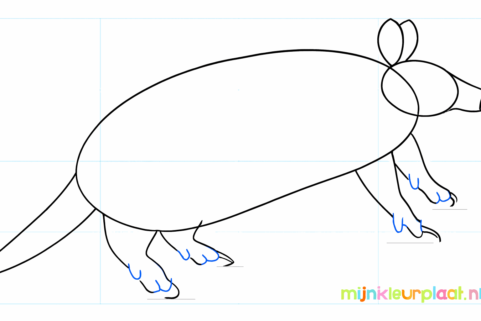 Thick legs and a pointed snout drawn around the guide lines.