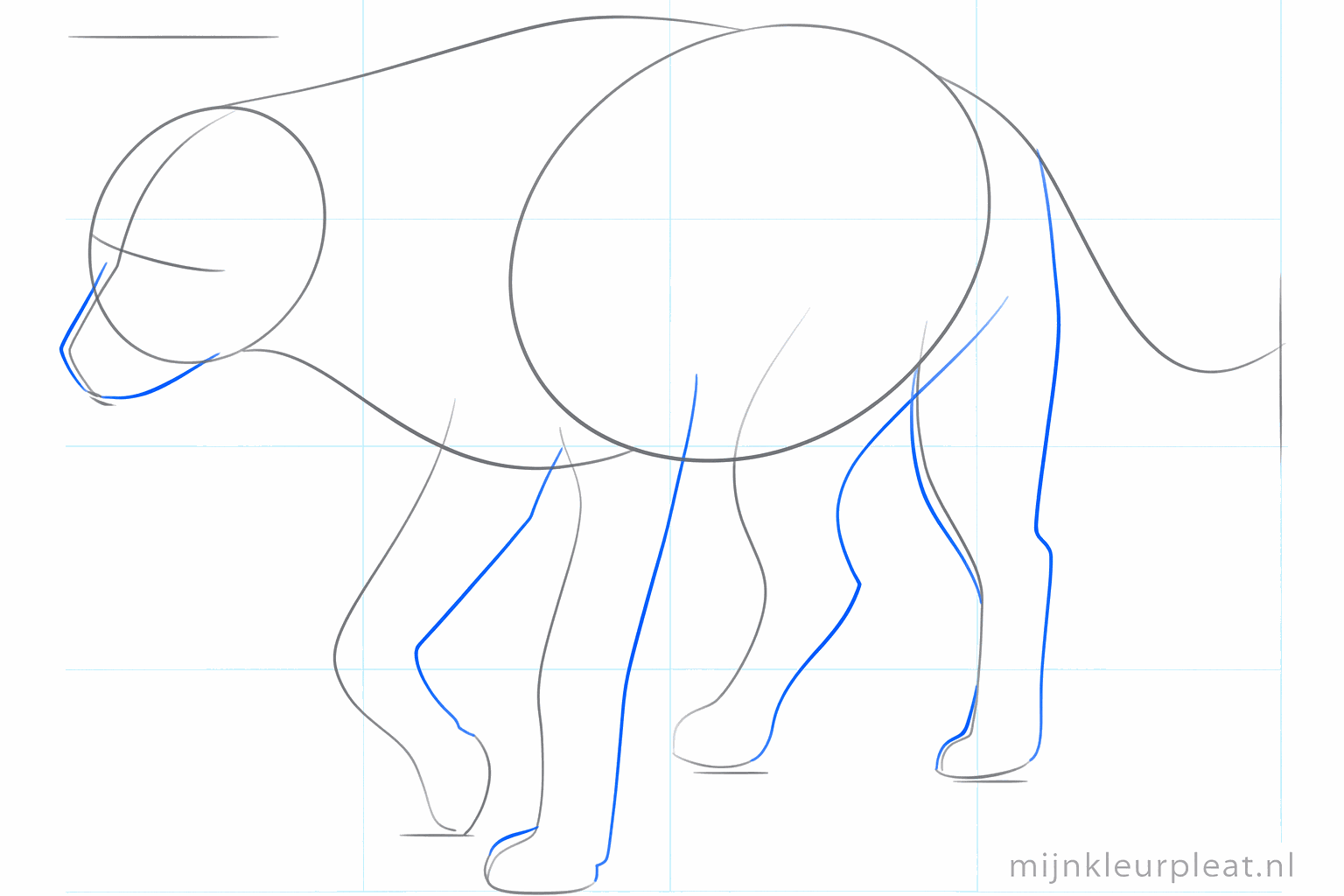 Thicker legs and small oval feet at the bottom of the guide lines.