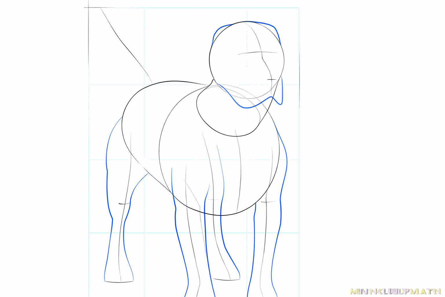 The legs and snout take shape by drawing thicker lines around the construction lines.