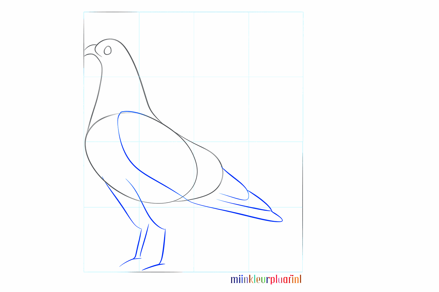 A rooster with a beak and two straight lines for the legs.