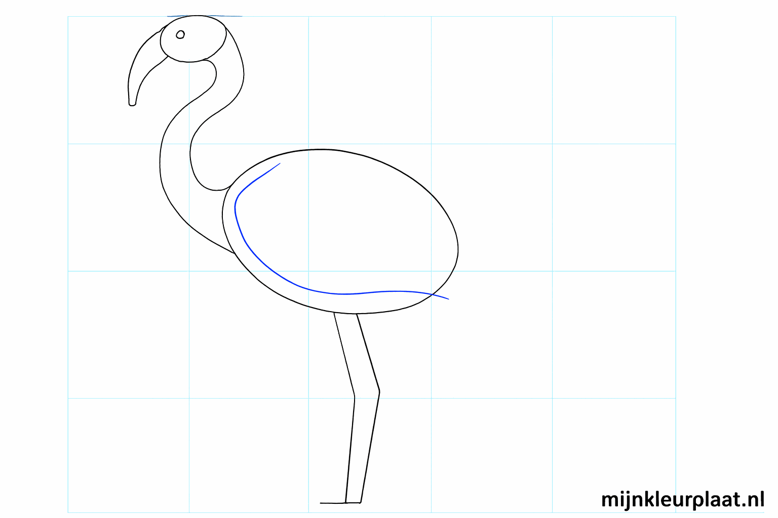 A small eye and the shape of the beak on the head of the flamingo.