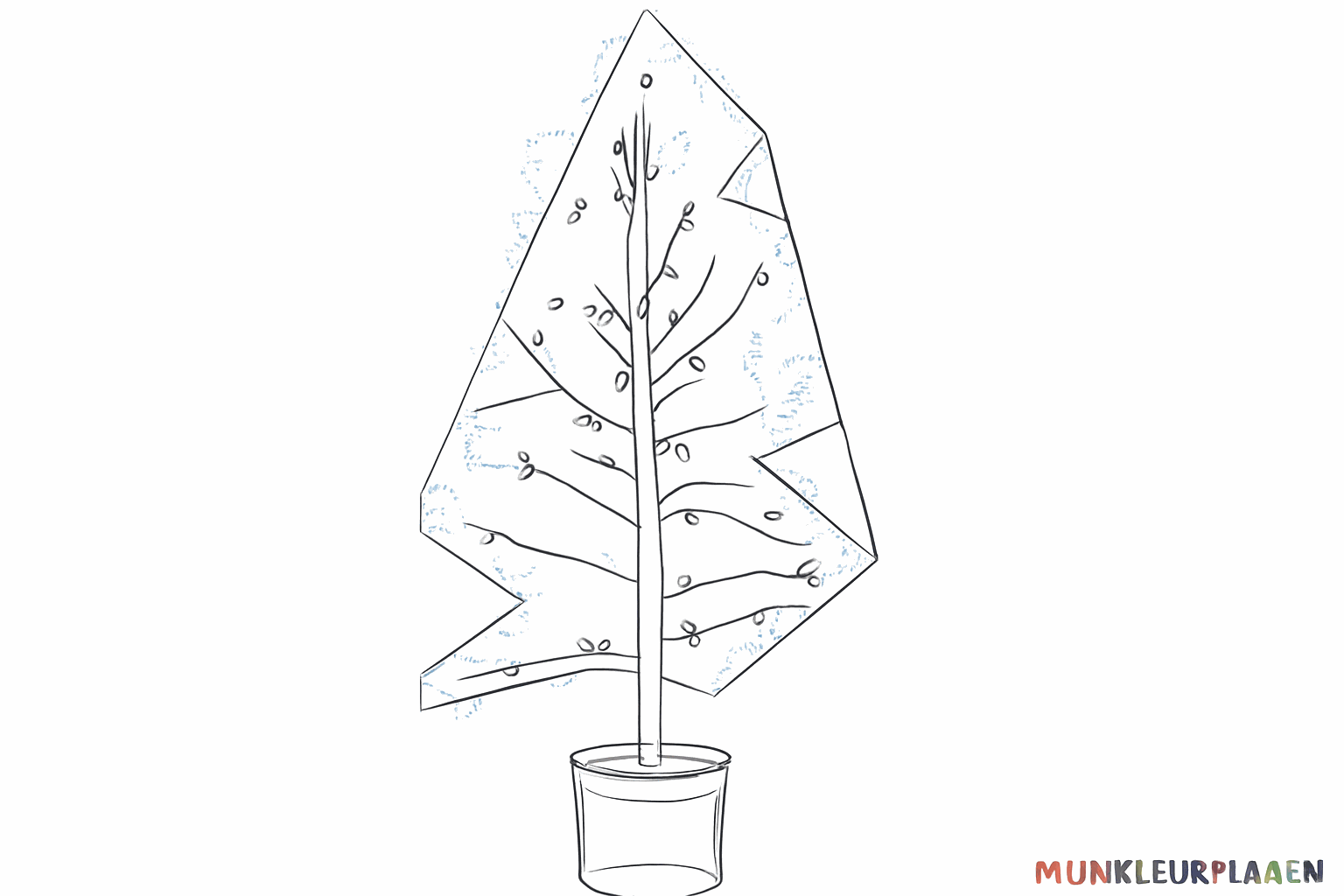 Small oval shapes hanging from the branches as pine cones.