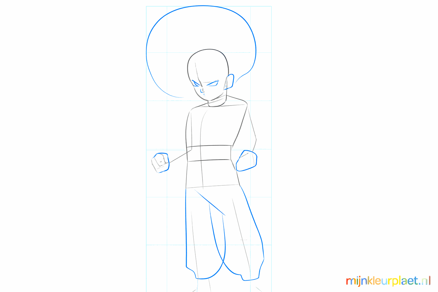 Outline of the pants, belt, and the first shapes of the hair.