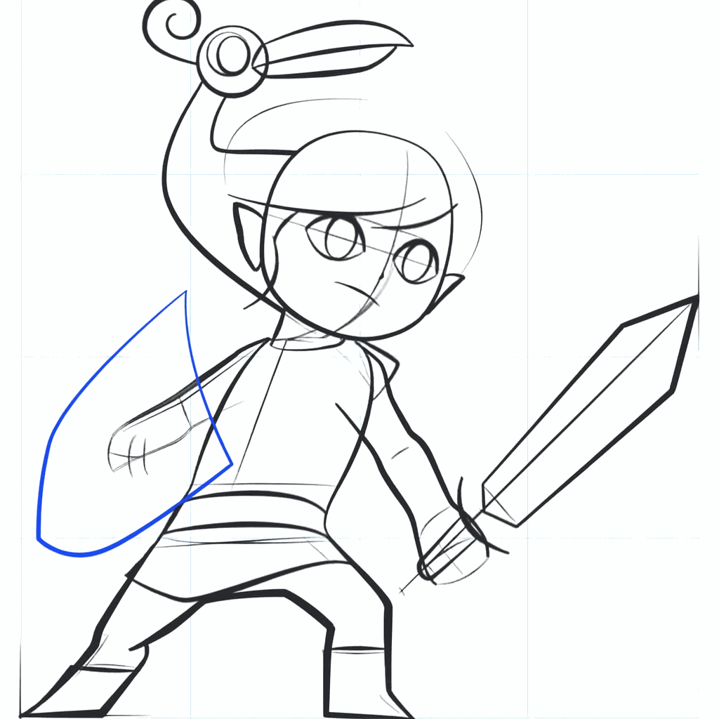 Sketch of the shield, the belt, and the basic shape of Link's hair.