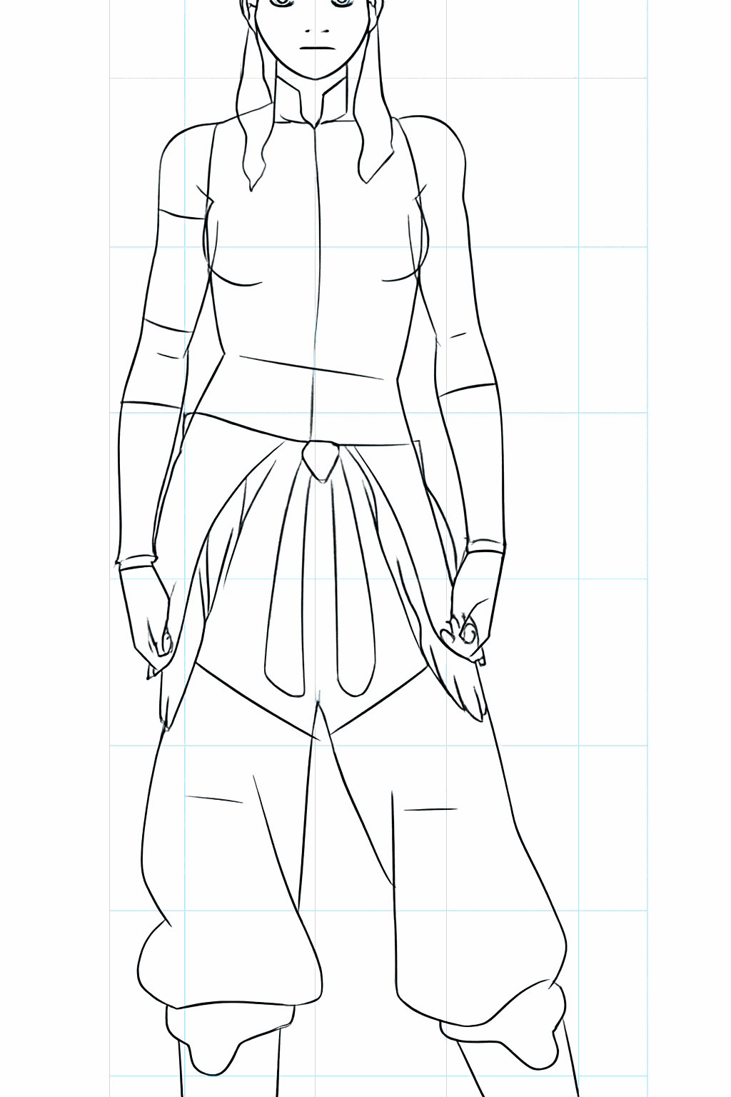 Details of the hair and the lines of the clothing on the upper body.